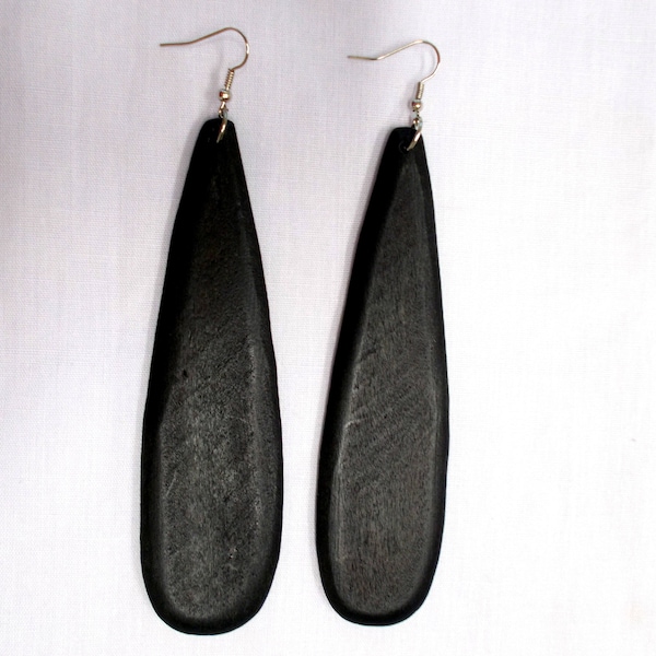 Boho HUGE BLACK Ebony Tear Drop Shape Wooden Hand Painted Rustic Dangling Droplet Ethnic Fashion 4.5" Earrings