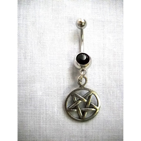 5 Point PENTAGRAM Star Evil Satanic Occult Ritual Charm Hand Cast Silver Pewter 14g BLACK Gem CZ Belly Ring Navel Bar