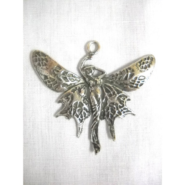 Large Butterfly Wing Fairy In Flowing Gown Pewter Pendant on Adjustable Cord Necklace Fantasy Fae Pixie Metal Jewelry