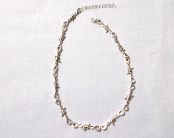 BARBED WIRE / Barb Wire / Barbwire Double Loop Silver Color Barb Twist Chain Link Choker Necklace 15.5" with a 2" Extender Chain