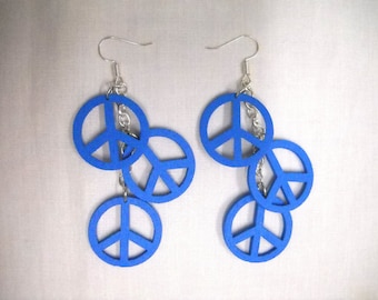 Medium BLUE Color Wooden PEACE SIGN Symbol Hippie Classic 3 Tier on Chain Dangling Light Balsa Wooden Fashion Earrings