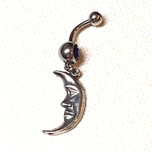 Man In The Moon CRESCENT Celestial Lunar Night Sky Charm On Dazzling Dark Blue CZ Gem 14g Belly Ring Navel Ring