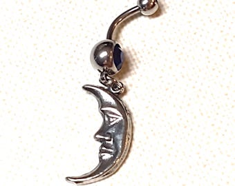 Man In The Moon CRESCENT Celestial Lunar Night Sky Charm On Dazzling Dark Blue CZ Gem 14g Belly Ring Navel Ring