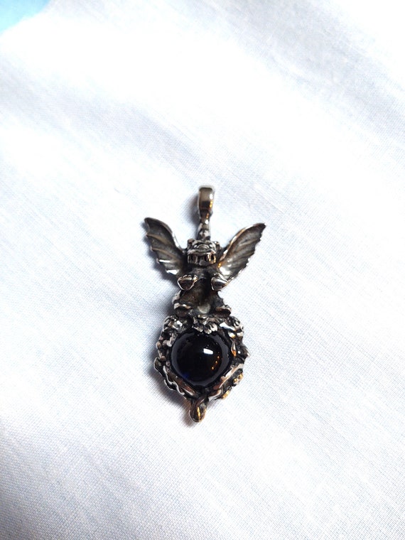 Gothic GARGOYLE With Rich BLUE Glass Orb - Spiny Wings & Awesome