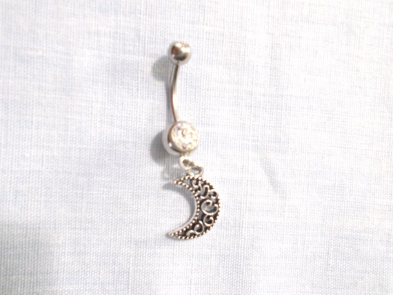 Surgical Stainless Steel Curved Belly Button Ring - Moon & Clear Crystal Surgical Stainless Steel Curved Belly Button Ring - Moon & Clear Crystal