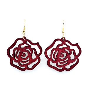 Elegant BERRY WINE Red Open ROSE Flower Silhouette Dangling Wood Large Fashion Lightweight Earrings Black Roses
