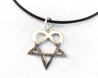 Heartagram Heart Pentagram Love Metal Music Pewter Silver Color Rocker Pendant on Adjustable Cord Necklace