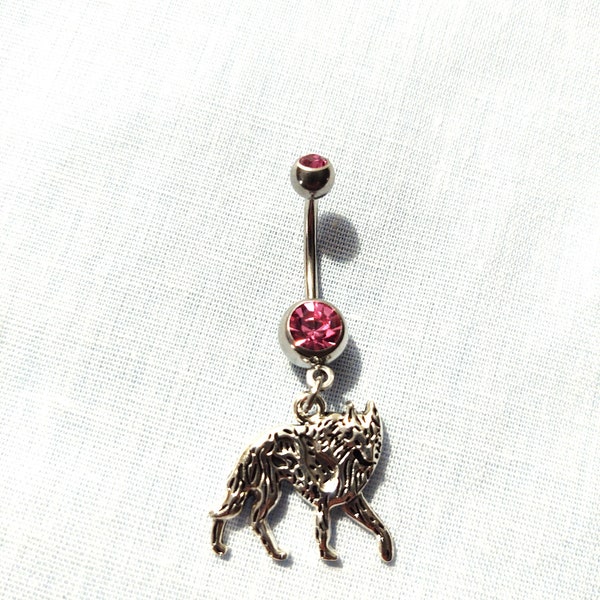 She WOLF on the Prowl Wildlife Detailed Stalking Predator Charm On Dazzling Pink CZ 14g Belly Ring