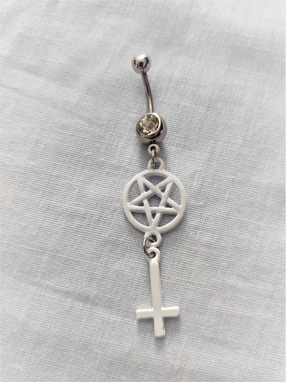 Surgical Steel Belly Button Navel Ring Bar with Clear White Religious Crucifix Cross Dangle Surgical Steel Belly Button Navel Ring Bar with Clear White Religious Crucifix Cross Dangle