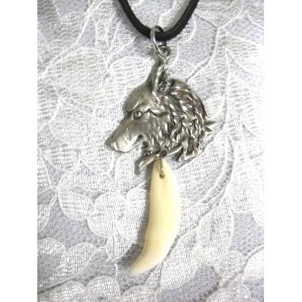 Hand Engraved USA Cast Pewter WOLF Head Animal Profile with Dangling Primitive Real Coyote TOOTH Double Pendant On Adjustable Cord Necklace