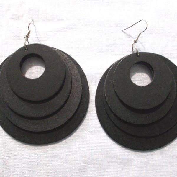 4 Tier Wooden Rounds Black Color Large Size Dangling Wooden Fashion Hoop Earrings