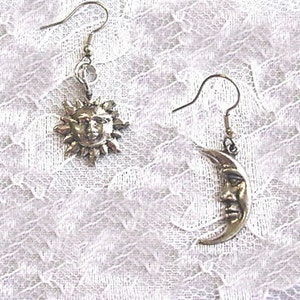 Solar System Outer Space Earth CELESTIAL Bodies Man In The MOON Crescent & Flaming SUN Star Charms American Pewter Charm Earrings