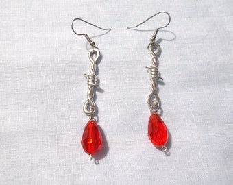 BARBED WIRE / Barb Wire / Barbwire Double Loop Barb Twist with Red Crystal Blood Droplet Dangling to 2 5/8 inch Earrings