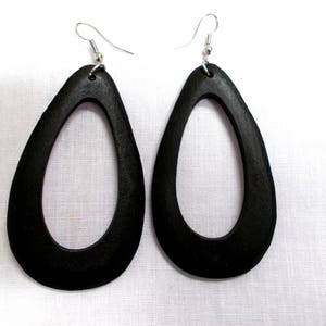Boho Medium Size BLACK Tear Drop Shape Wooden Hand Stained Rustic Dangling Wood Droplet Fashion Hoop Style Earrings