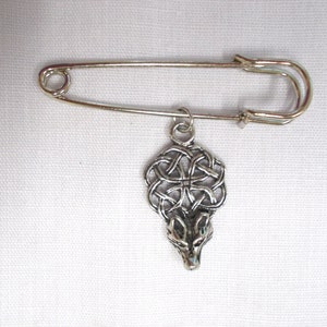 New Wildlife Animal WOLF HEAD with Celtic Infinity Knot Pewter Charm  on a 2" Safety Pin Brooch
