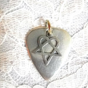 Pewter Guitar Pick Heart Pentagram Charm Double Pendant on Adjustable Cotton Cord Necklace Music