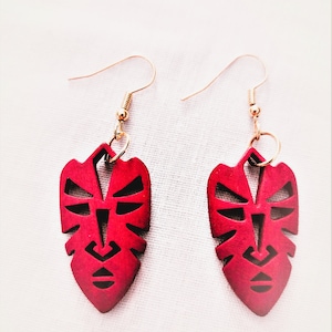 Red TIKI Mask Face Design Tiki Man Head Pacific Islander Style Cut Out Wood Wooden Dangling Earrings