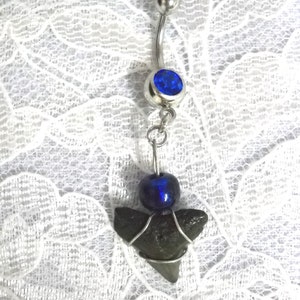 Fossil SHARK TOOTH Jaws Wire Wrap with Glass Bead Dangling On Dazzling Double Cobalt Blue CZ Gem 14g Belly Ring Unisex Body Jewelry