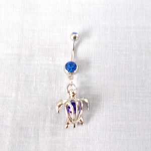 3D Honu Hawaiian SEA TURTLE with Caged Dark Blue Crystal Body on Double Gem Cobalt Blue CZ 14g Belly Ring Navel Barbell Body Jewelry