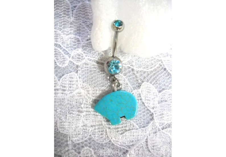 Carved TURQUOISE Gemstone Full Body Spirit Zuni BEAR Fetish Bead on 14g Dazzling Double Turquoise Blue CZ Belly Button Ring Navel Jewelry