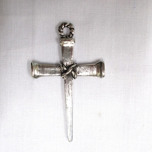 Religious JESUS Carpenter Cross Nail Cross Rope Tie Center Hand Cast Silver Pewter Pendant on Adjustable Cord Necklace