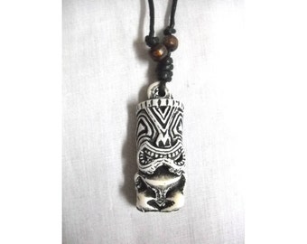 3D Lucky TIKI Man / TIKI Dude Island Surf Amulet White with Black Adjustable Cord Necklace with Wood Bead Accents
