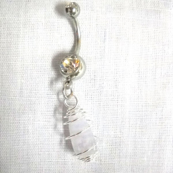 Wire Cage Wrapped LACE AGATE Tumbled Gemstone Chakra Stone on 14g Dazzling Double Clear cz Belly Ring Navel Barbell Body Jewelry