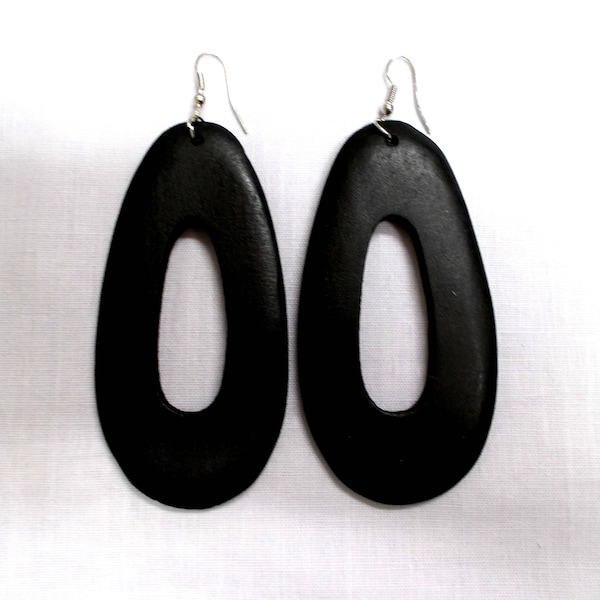 Bohemian BLACK OVAL Shape Huge Large Big Wooden Rustic Dangling Wood Droplet Fashion Hoop Style Earrings