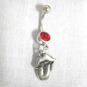 Lips & Tongue Raspberry Mouth Rocker Rock and Roll Charm On Dazzling RED CZ 14g Belly Ring Navel Bar Body Piercing Jewelry