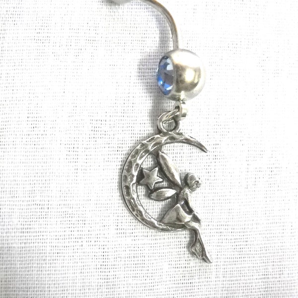 Classic FAIRY Fae Sitting on Crescent Moon and Star with Dragonfly Wings Charm Dazzling Blue CZ Gem 14g Belly Ring Body Jewelry