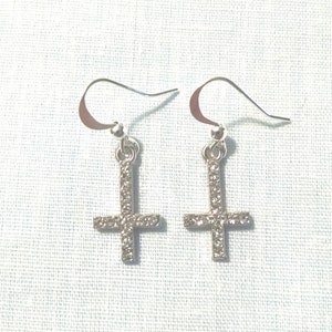 Occult Satanic INVERTED CROSS Elegant Clear Crystal Crosses Charms Dangling Earrings