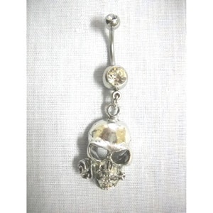 Human Cranium SKULL with a ROSE in the Teeth American Pewter On Dazzling Clear Gem CZ 14g Belly Ring Navel Body Jewelry