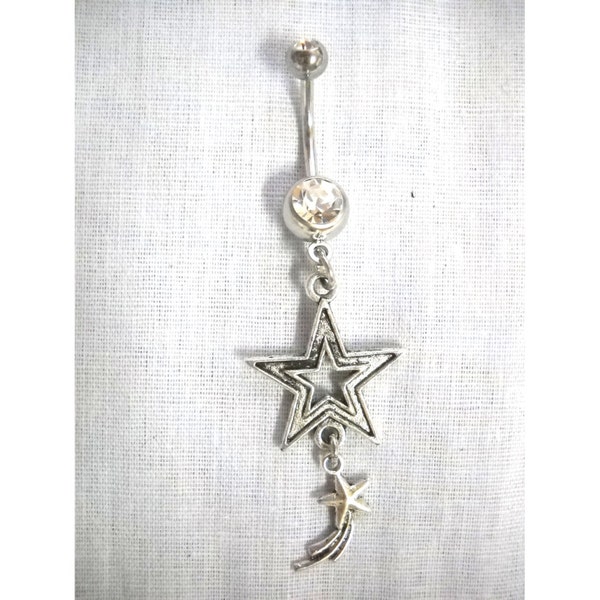 Fun SHOOTING STAR Dangling On Star Silhouette Double Charm Barbell On Dazzling Double Clear CZ Gem 14g Belly Ring Navel Bar Body Jewelry