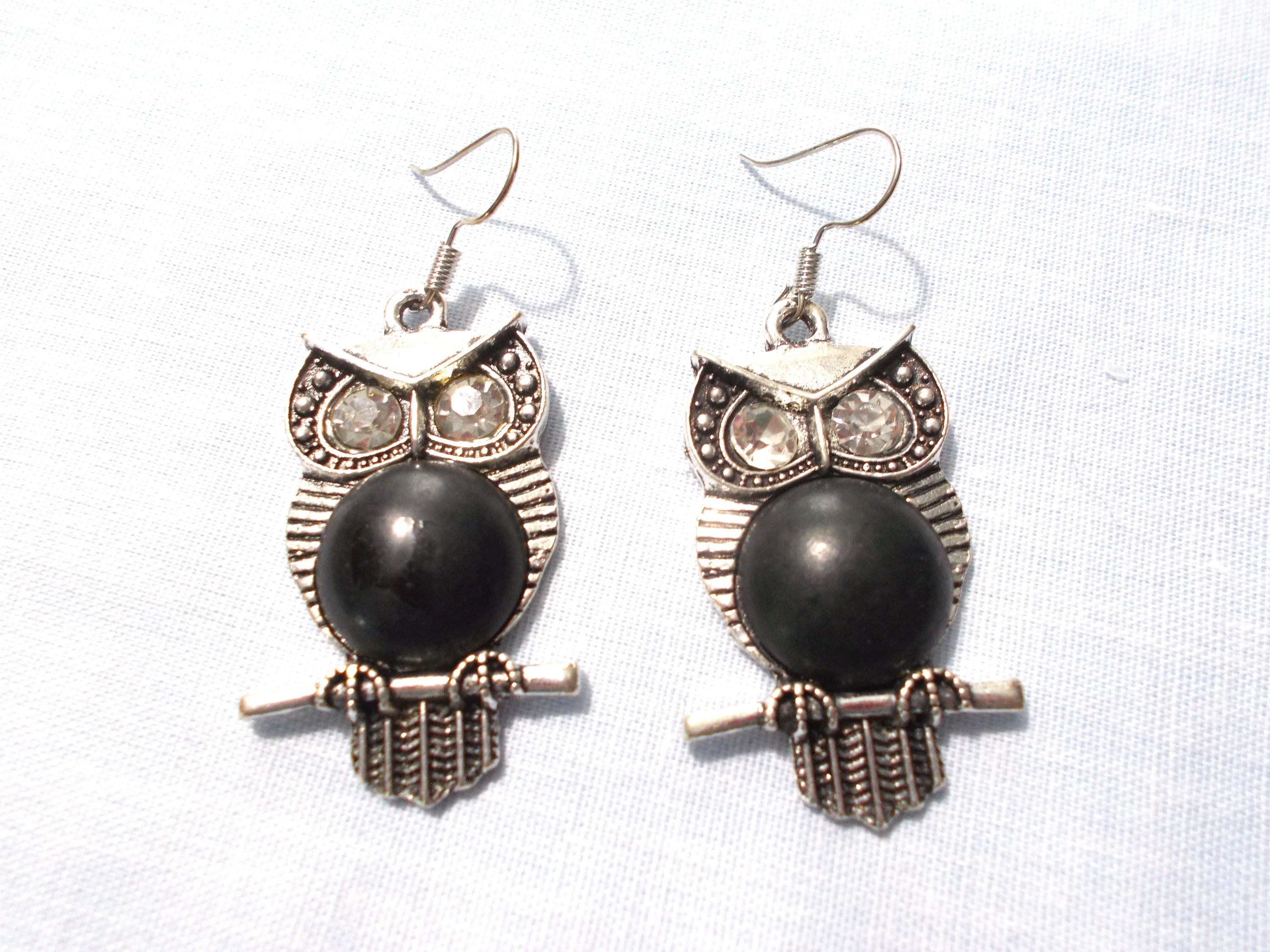 HOOT OWL with Crystal Eyes and Black Howlite Breast Belly SP Dangle Pair of Earrings Hook Wire Posts