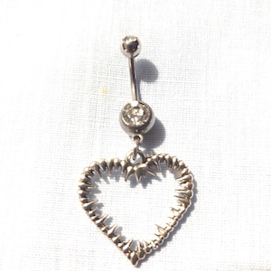 Wicked VAMPIRE Teeth HEART Gothic Creepy Silver Alloy Charm on 14g Clear CZ Belly Ring Barbell