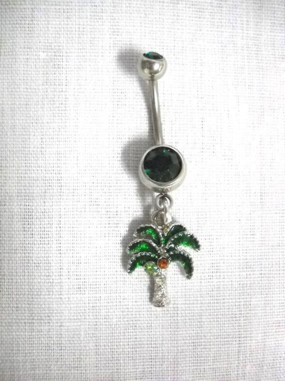 Island Oasis TROPICAL Paradise PALM Tree with Green Enamel Clear Crystals Charm On Emerald Green Gem CZ 14g Belly Ring Navel Barbell