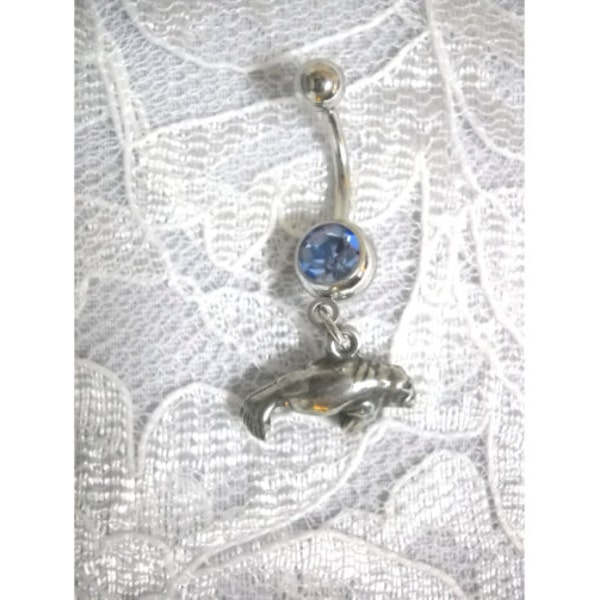 Ocean Sea Cow Cast Pewter 3D MANATEE Side View of a Full Body Endangered Sea Mammal on 14g Baby Blue Gem CZ Belly Ring Navel Ring Barbell