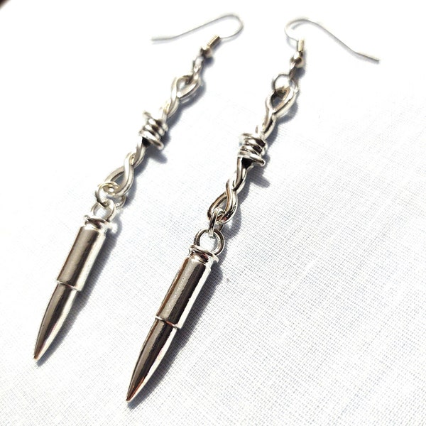 Barbed Wire Loop and Solid Bullet Double Dangling Silver Color Barb Twist Dangling to 3 inch long Earrings