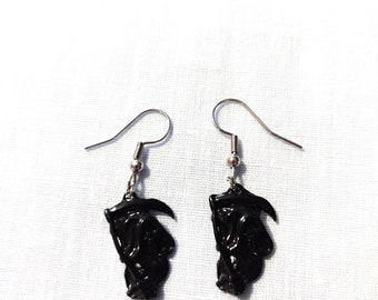 Hooded Grim Reaper with Scythe BLACK Enamel Hand Cast American Pewter Charms Dangling Metal Dark Side Earrings