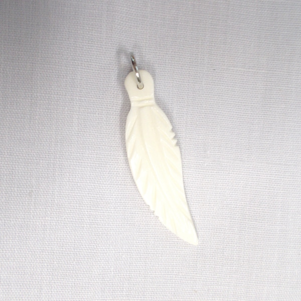 Double Sided Elegant Detailed Single Textured Bird FEATHER Solid USA Bison Bone Pendant on Adjustable Cord Necklace