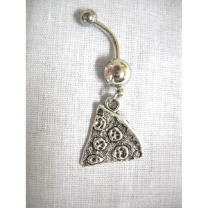 May include: Silver belly button ring with a pizza slice charm. The charm is detailed with pepperoni and cheese.