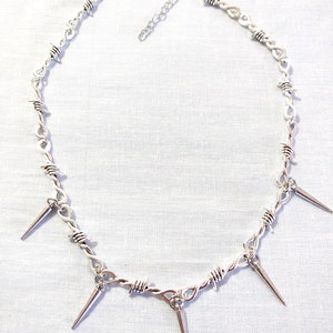 5 Spike Charms on BARBED WIRE / Barb Wire / Barbwire Barb Twist Chain Link Choker Necklace 17&quot; - 2&quot; Extender Chain