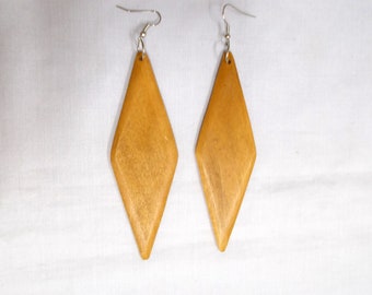 Bohemian Bold Large Size LIGHT BROWN Hand Stained Wooden Diamond Shape Dangling Real Wood Flat Long Length Fashion Earrings