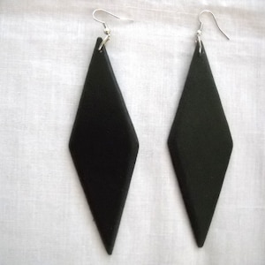 Bohemian Bold Large Size Solid JET BLACK Wooden Diamond Shape Dangling Real Wood Flat Long Length Fashion Earrings