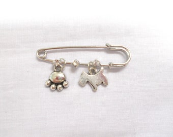 Full Body View SCOTTY DOG and PAW Print Charms on a 2" Safety Pin Brooch with 3 Clear Crystals