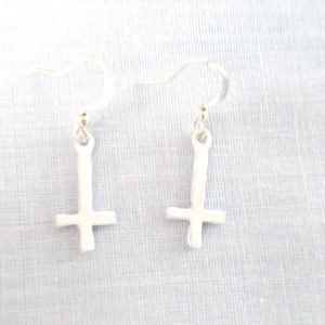 Evil Satanic Occult Ritual WHITE Enamel INVERTED CROSS Inverted Crosses Hand Cast Pewter Charms Dangling Metal Dark Side Earrings