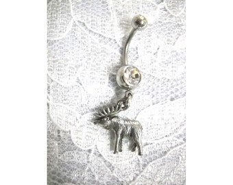 New Hand Cast BULL MOOSE Silver Pewter Colorado Alaska Maine North American Wildlife Animals On 14g Clear Gem CZ 14g Belly Ring Body Jewelry