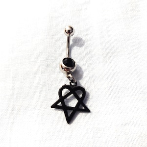 Heart PENTAGRAM Black Enamel Pewter Charm on Dazzling Black CZ Stone 14g Belly Ring Navel Ring Body Jewelry
