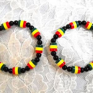 Set of 2 Bright RASTA Color Acrylic Beads in Red Green & Yellow and Black Round Spacers Reggae Fashion Bracelet 7 Inch Stretch +