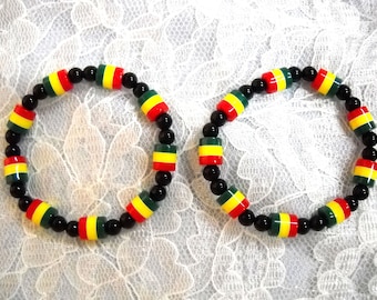 Rasta Bracelet Set: Red, Yellow, Green Acrylic Beads, Reggae Jewelry